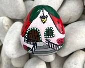 Strawberry Cottage Art - Hand Painted Stone Art - Cottage Stone Art - Original Art Painting - Hand Painted Rock - Small Painting