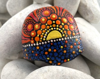 Beach Sunset Art - Hand Painted Stone Art - Dot Art - Hand Painted Rock Art - Mandala Dot Art Stone - Sun Art Rock Painting