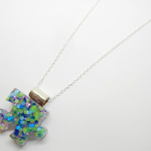 Autism Jewelry Awareness Resin Puzzle Piece Pendant with Sterling Silver Necklace