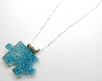 Autism Jewelry Awareness Resin Puzzle Piece Pendant with Sterling Silver Necklace