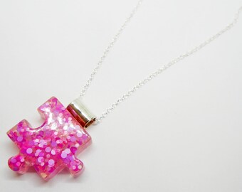 Autism Jewelry Awareness Resin Puzzle Piece Pendant -   Pink Bubble Gum Drop - Sterling Silver Necklace