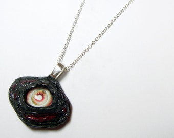 Zombie Eye Pendant - Polymer Clay - Glass Red White Eye - with Sterling Silver Chain Option