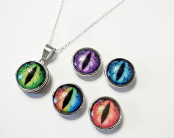 Interchangeable Snap On Pendant - 5 Glass Dragon Eye Snap On Set - with sterling silver necklace - MattySnaps