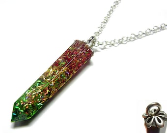 Resin Crystal Pendant - Rasta Holographic - 22 Inch Sterling Silver Necklace