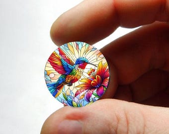 Glass Hummingbird Stained Glass Design Cabochon for Jewelry Pendant Earring Blanks - 8mm 10mm 12mm 13mm 14mm 16mm 18mm 20mm 25mm 30mm