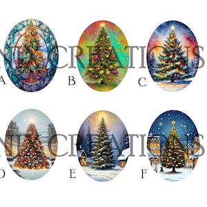 May include: Six oval-shaped Christmas tree designs. Each features a decorated tree with ornaments and lights, set against various backgrounds, including stained glass and winter scenes. The designs are labeled A through F.