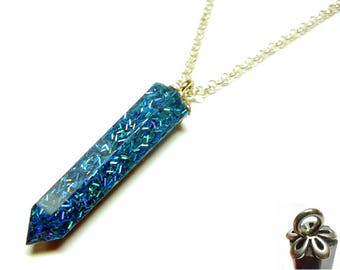 Resin Crystal Pendant - Sky Blue Rainbow Holographic - 22 Inch Sterling Silver Necklace