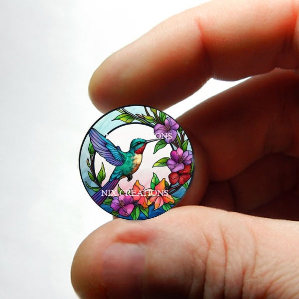 Glass Hummingbird Stained Glass Design Cabochon for Jewelry and Pendant Making - 8mm 10mm 12mm 13mm 14mm 16mm 18mm 20mm 25mm 30mm