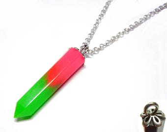 Resin Crystal Pendant - Neo Watermelon Daydream  - 22 inch Sterling Silver Necklace