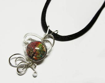 Wire Wrap Tree of Life Glass Cameo Pendant with Necklace