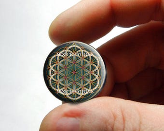 Glass Cabochon - Green and Tan Flower of Life - for Jewelry and Pendant Making 8mm 10mm 12mm 13mm 14mm 16mm 18mm 20mm 25mm 30mm