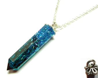 Resin Crystal Pendant - Transparent Blue with Rainbow Holographic - 22 Inch Sterling Silver Necklace