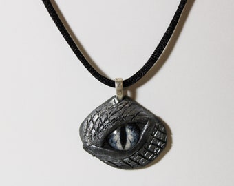 Hand Sculptured 3D Polymer Clay Black and White Dragon Glass Eye Pendant with Adjustable Satin Cord Necklace