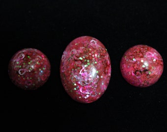 Pink Breast Cancer Ribbon Resin Cabochon Set for Jewelry, Ring, Earrings, Bracelet, and Pendants - #RC8 - One 40x30mm - Two 25mm Cabochons