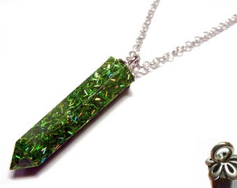 Resin Crystal Pendant - Green Rainbow Holographic - 22 Inch Sterling Silver Necklace