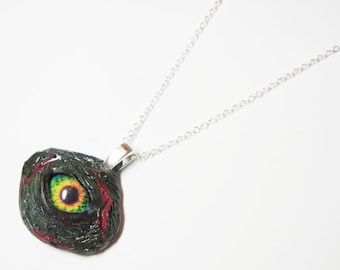 Zombie Eye Pendant - Polymer Clay - Glass Green Yellow Eye - with Sterling Silver Chain Option