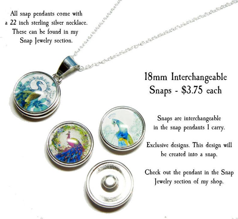 May include: A silver necklace with a 18mm interchangeable snap pendant featuring a peacock design. The pendant is 18mm in diameter and costs $3.75. The text "18mm Interchangeable Snaps - $3.75 each" is visible in the image.