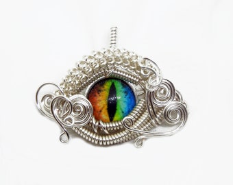 Silver Wire Wrap Rainbow Dragon Glass Eye Hat Pin Pendant Combo