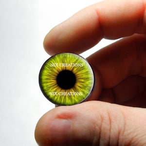 May include: A yellow and black eye-shaped glass cabochon with the text "NIX CREATIONS" printed on the top and bottom.