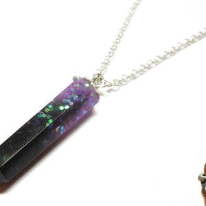 Resin Crystal Pendant - Purple Confetti Black - 22 Inch Sterling Silver Necklace