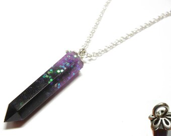 Resin Crystal Pendant - Purple Confetti Black - 22 Inch Sterling Silver Necklace