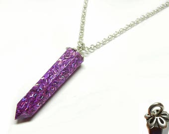 Resin Crystal Pendant - Holographic Pink - 22 Inch Sterling Silver Necklace