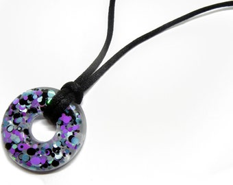 Resin Donut Necklace - Purple Blue Black Sparkle Resin Pendant
