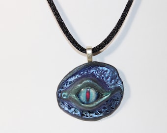 Hand Sculptured 3D Polymer Clay Zombie Dragon Glass Eye Pendant with Adjustable Satin Cord Necklace
