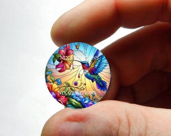 Glass Hummingbird Stained Glass Design Cabochon for Jewelry Pendant Earring Blanks - 8mm 10mm 12mm 13mm 14mm 16mm 18mm 20mm 25mm 30mm