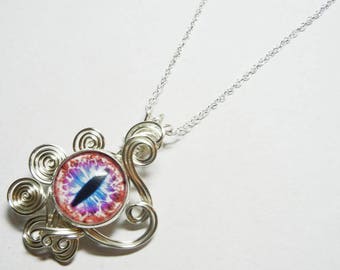 Glass Dragon Eye Pendant - Wire Wrap Pink Purple Eyeball with Sterling Silver Necklace Option
