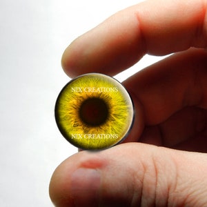 May include: A yellow glass eye with a black pupil and a dark brown iris. The eye is surrounded by a black rim and has the text "NIX CREATIONS" printed on the top and bottom.