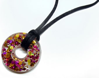 Resin Donut Necklace - Pink Gold Sparkle Resin Pendant