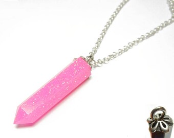 Resin Crystal Pendant - Pink Glitz - 22 Inch Sterling Silver Necklace