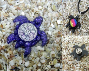 Resin Turtle Pendant or Pin - Purple Glitter Turtle with a Lotus Ohm Shell - with Options