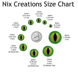 May include: Size chart for green cat eyes with black pupils. The chart shows the size of each eye in millimeters, inches, and centimeters. The chart also includes the size of a US dime and a US quarter for reference.