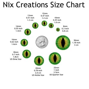 May include: Size chart for green cat eyes with black pupils. The chart shows the size of each eye in millimeters, inches, and centimeters. The chart also includes the size of a US dime and a US quarter for reference.