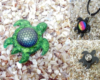 Resin Turtle Pendant or Pin - Green Turtle with a Flower of Life in Shell - with Options