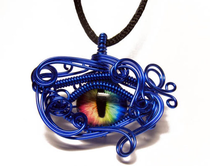 Glass Eye Pendant Blue Wire Wrap Rainbow Spectrum Taxidermy Glass