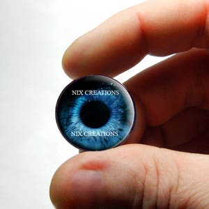 May include: A blue eye glass cabochon with a black pupil and white iris. The cabochon is surrounded by a black border and has the text "NIX CREATIONS" printed on the top and bottom.