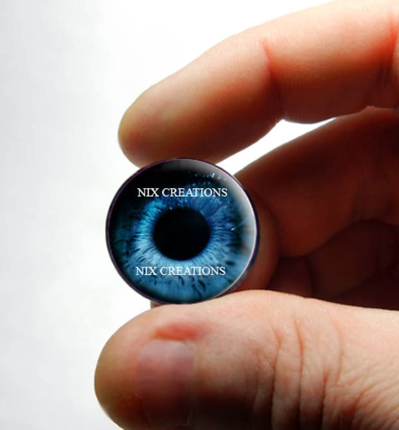 May include: A blue eye glass cabochon with a black pupil and white iris. The cabochon is surrounded by a black border and has the text "NIX CREATIONS" printed on the top and bottom.