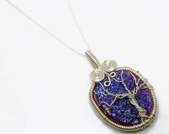 Baum des Lebens Anhänger Wire Wrap Lila Druzy Drusy 3D Skulptur Schmuck mit Halskette