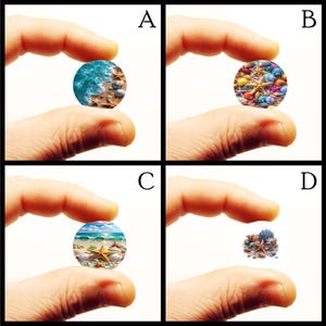 May include: Four small, round, beach-themed images are held between fingers. Each image features seashells, starfish, and ocean scenes. The images are in a square grid, with each image having a unique design and color palette.