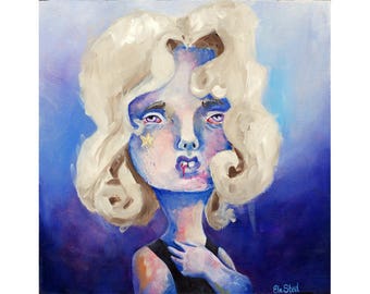 ORIGINAL Oil Painting Lowbrow Art  by Ela Steel "Starchild" - small childlike girl sad depressed on blue background