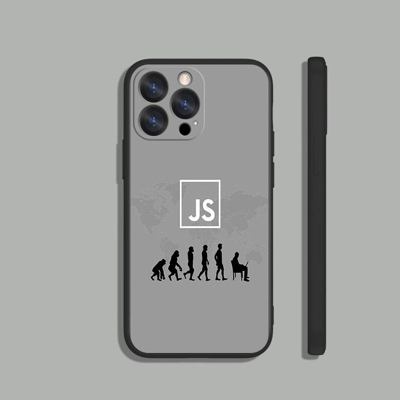 以下が含まれることがあります： コンピューターに座っている人のシルエットで終わる、人間の進化の黒いシルエットが描かれた灰色の電話ケース。ケースには、「JS」という文字が書かれた白い正方形があります。