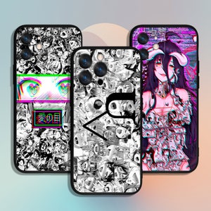 May include: Three different phone cases with anime-inspired designs. The first case features a black and white collage of anime characters' faces with a green and pink glitch effect. The second case features a black and white collage of anime characters' faces with a black arrow pointing to the left. The third case features a pink and blue anime character with long black hair and a glitch effect.
