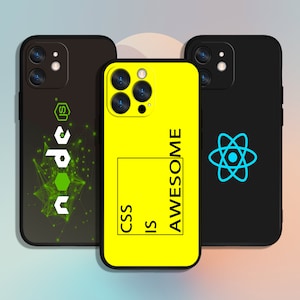 May include: Three different phone cases with different designs. The first case is black with a green and white design that says "node.js". The second case is yellow with black text that says "CSS is AWESOME". The third case is black with a blue atom symbol.
