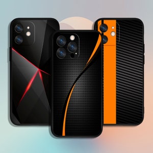 May include: Three different phone cases with black backgrounds. The first case has a geometric design with red accents. The second case has a black and orange carbon fiber design. The third case has a black and orange striped design.