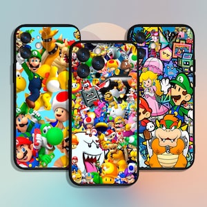 May include: Three different phone cases featuring various characters from the Super Mario Bros. video game franchise. The cases are black with colourful graphics. The first case features Mario, Luigi, and other characters. The second case features a variety of characters, including Bowser, Peach, and Yoshi. The third case features a variety of characters, including Bowser, Peach, and Yoshi.