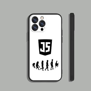 以下が含まれることがあります： 黒いJavaScriptロゴと、猿から始まりコンピューターでコーディングする人に終わる人間の進化のシルエットが描かれた白いiPhoneケース。