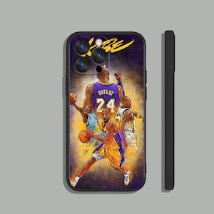 May include: Black phone case with a purple and yellow basketball design featuring Kobe Bryant in a Lakers jersey with the number 24. The case has a black border and a raised camera bump.